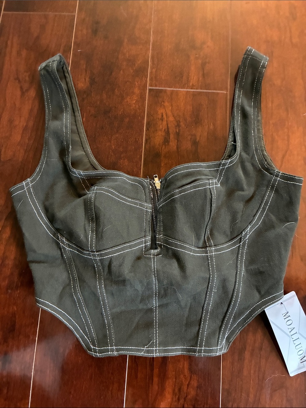 Olive Green Crop Corset Top with Contrast Stitching size m-stretch